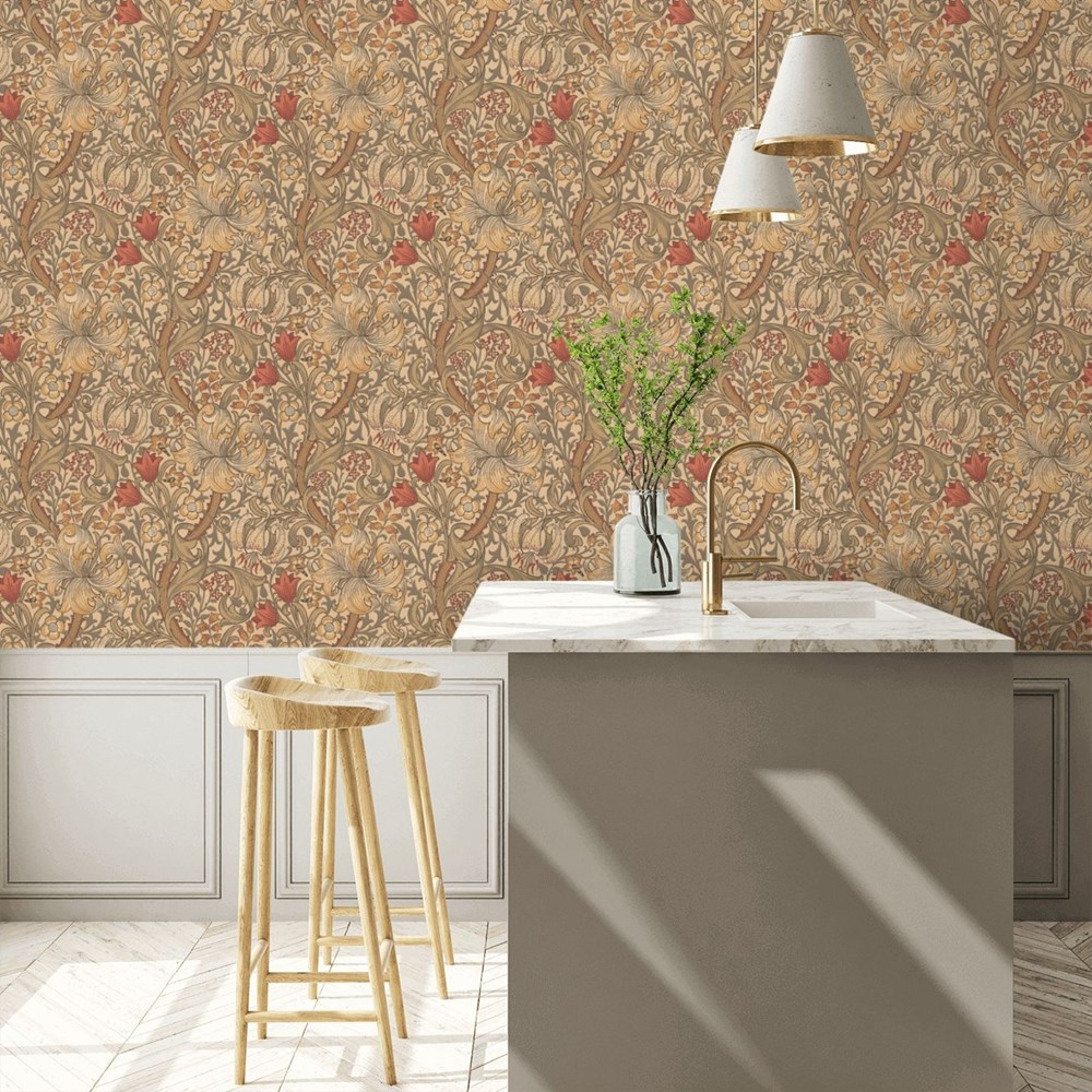 Golden Lily Wallpaper 210400 by Morris & Co in Biscuit Brick